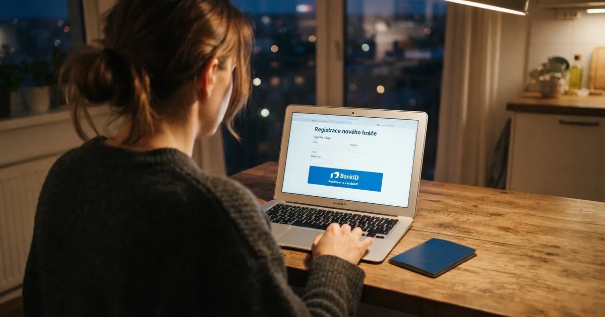 Hráč u notebooku nebo telefonu, na obrazovce registrační formulář online kasina s ikonou BankID, vedle občanský průkaz