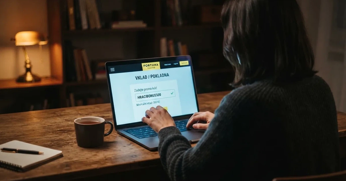 Hráč zadávající promo kód do pole v sekci pokladny online casina na obrazovce notebooku