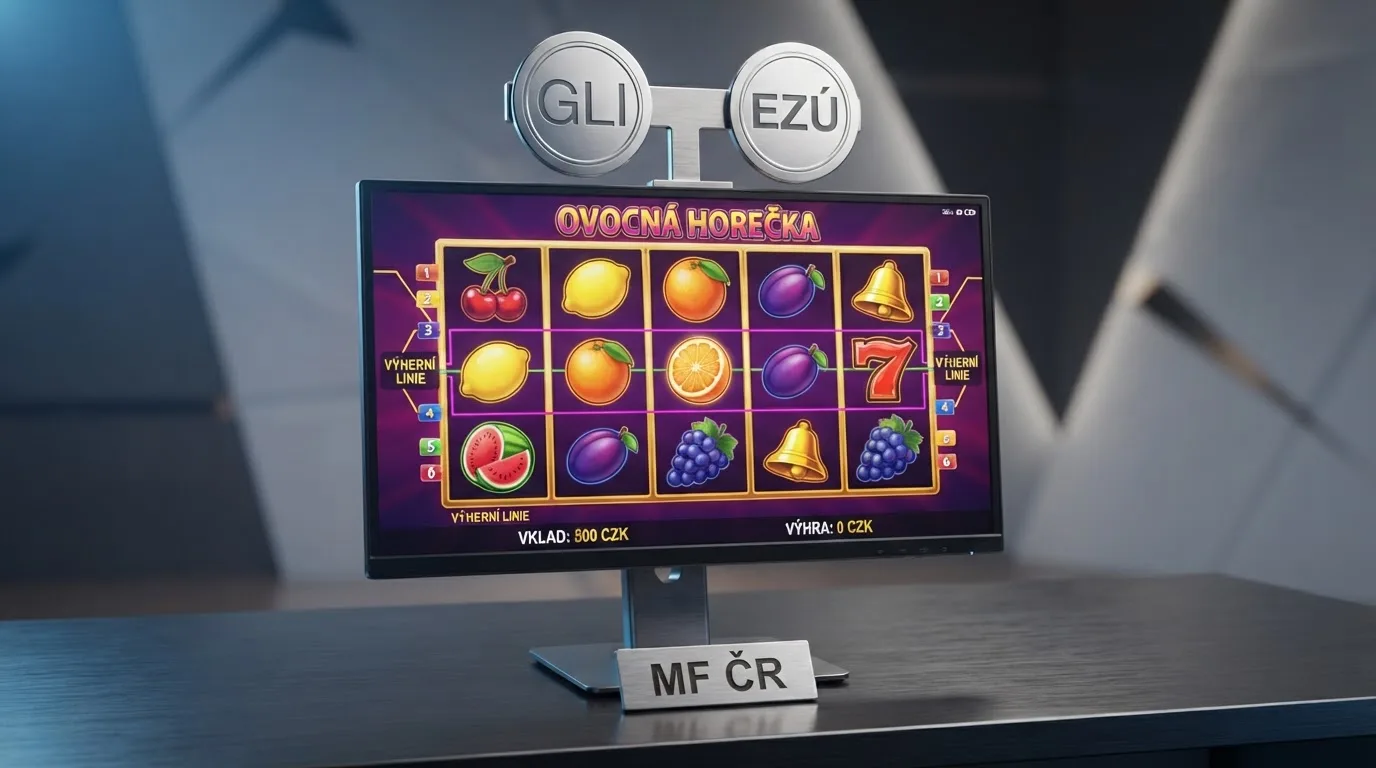 Certifikační známky GLI a EZÚ na pozadí herního rozhraní automatu s visačkou MF ČR