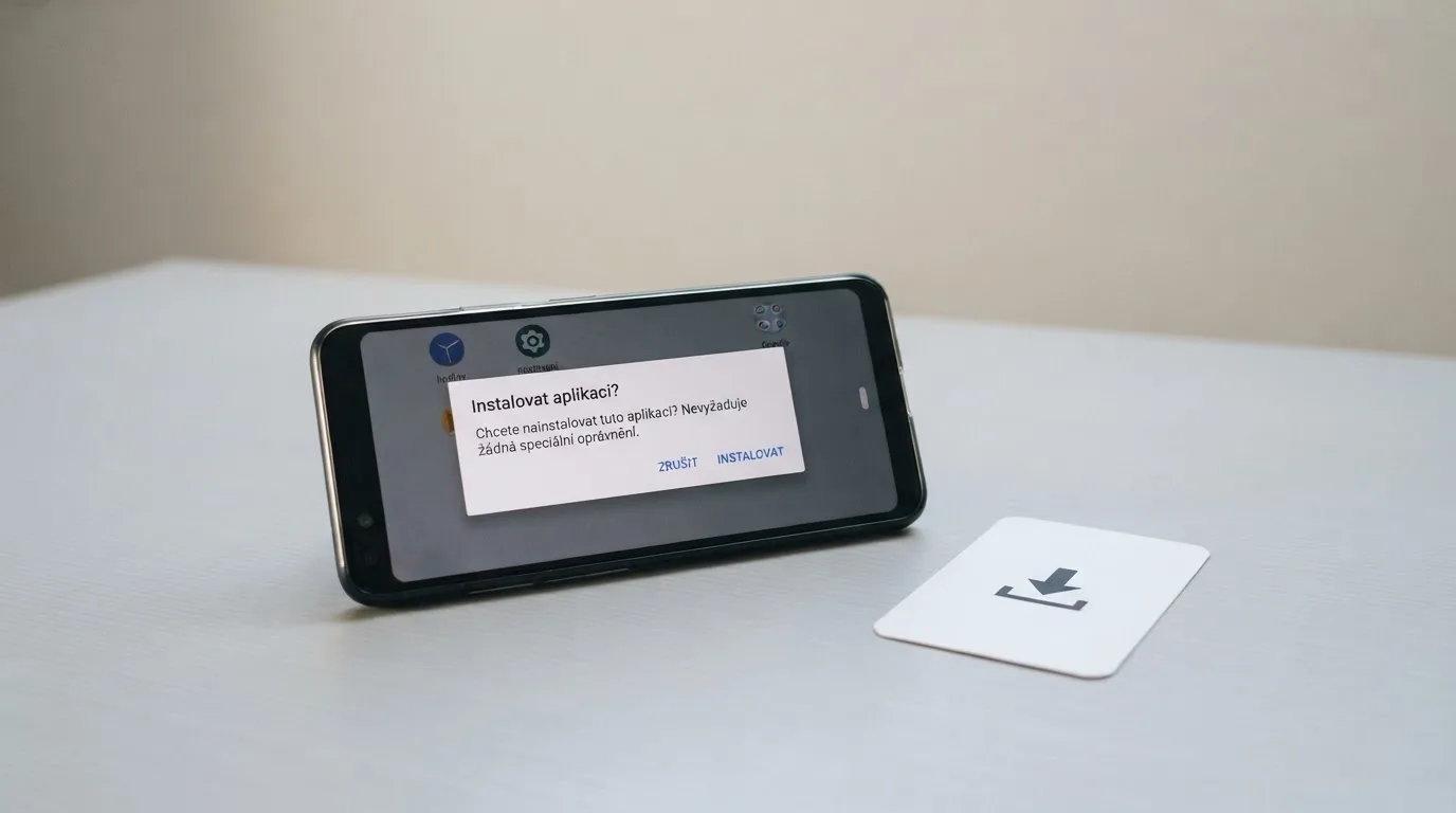 Telefon s Androidem zobrazující dialogové okno povolení instalace z neznámých zdrojů, vedle něj ikona staženého APK souboru