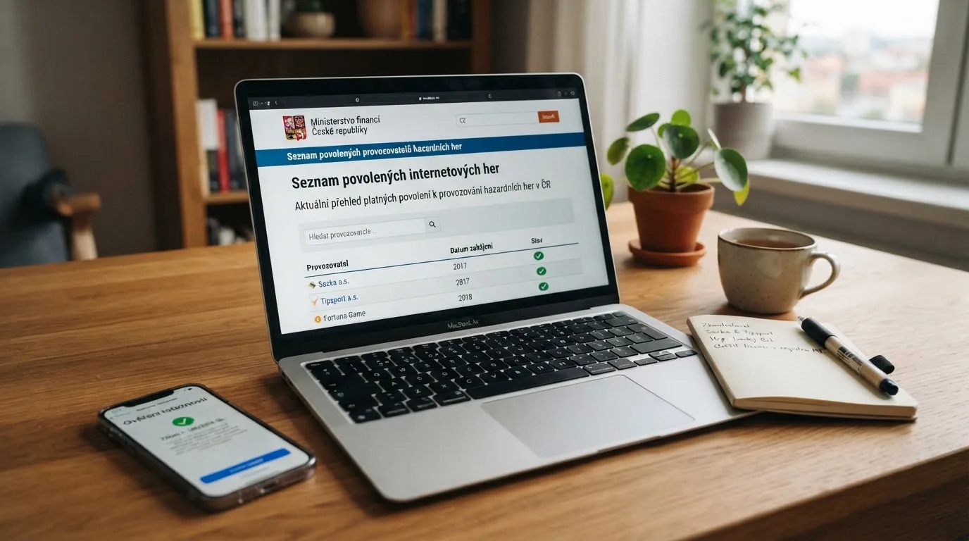 Obrazovka počítače s otevřeným Seznamem nepovolených internetových her na webu Ministerstva financí ČR, vedle leží občanský průkaz