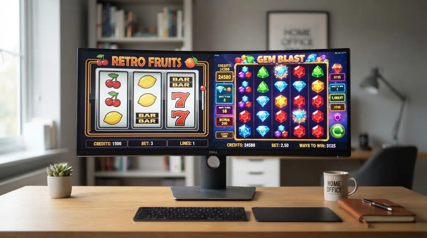 Klasický tříválcový ovocný automat vedle moderního video automatu s pěti válci na jedné obrazovce