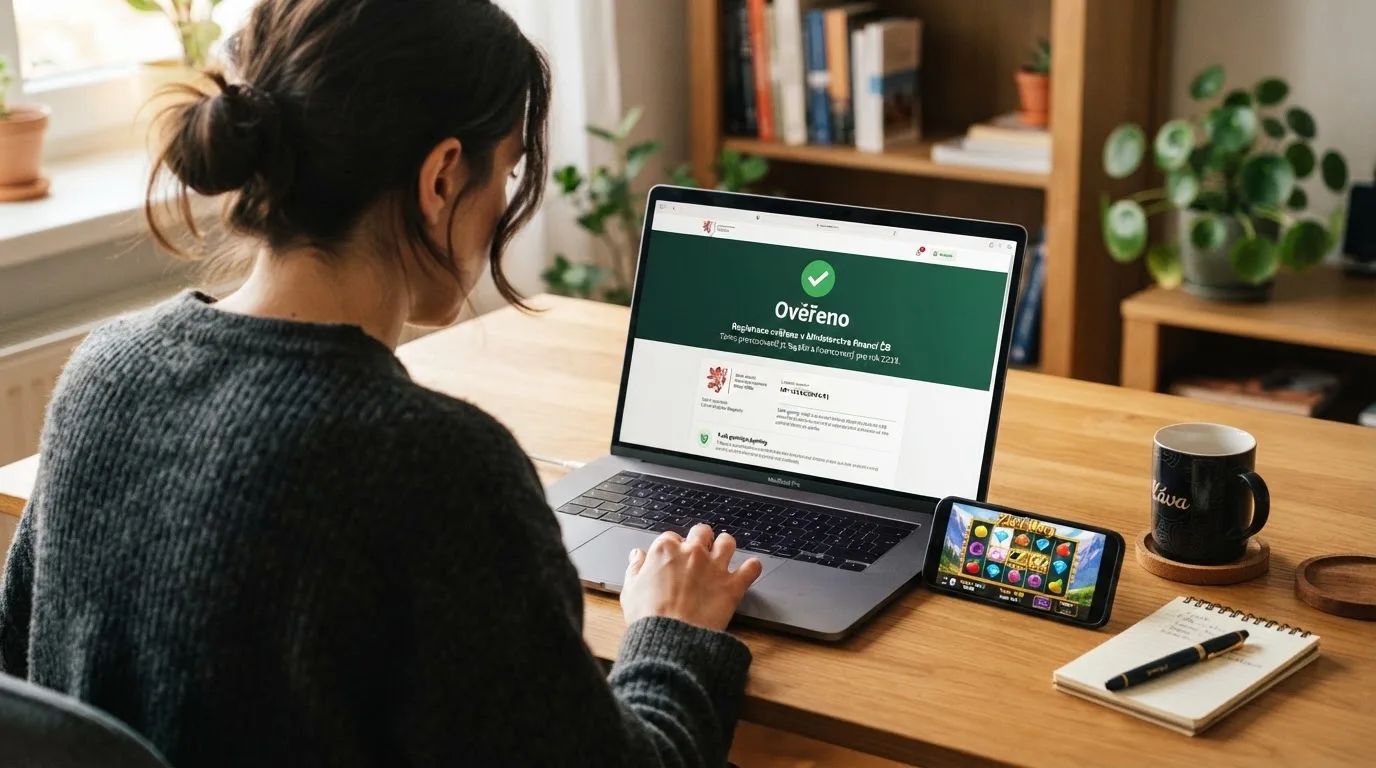 Úřední dokument s razítkem Ministerstva financí ČR vedle obrazovky s automatem v českém online casinu