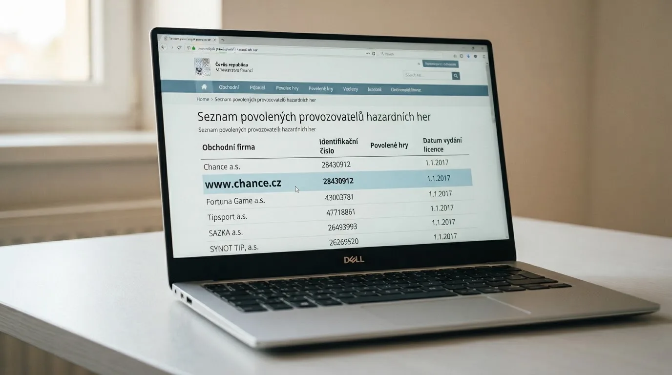 Detail obrazovky s webovou stránkou Seznamu provozovatelů ZHH na MF ČR, kurzor myši zvýrazňující řádek s licencovanou doménou