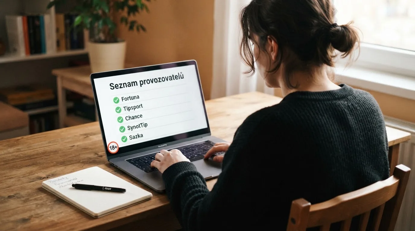 Úřední dokument s razítkem Ministerstva financí ČR ležící na stole vedle klávesnice, v rohu obrazovky padáček na webu s varováním 18+.