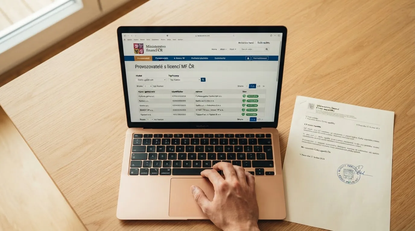 Detail dokumentu s razítkem MF ČR na pozadí rozhraní online kasina, symbolizující státní dohled nad licencovanými operátory