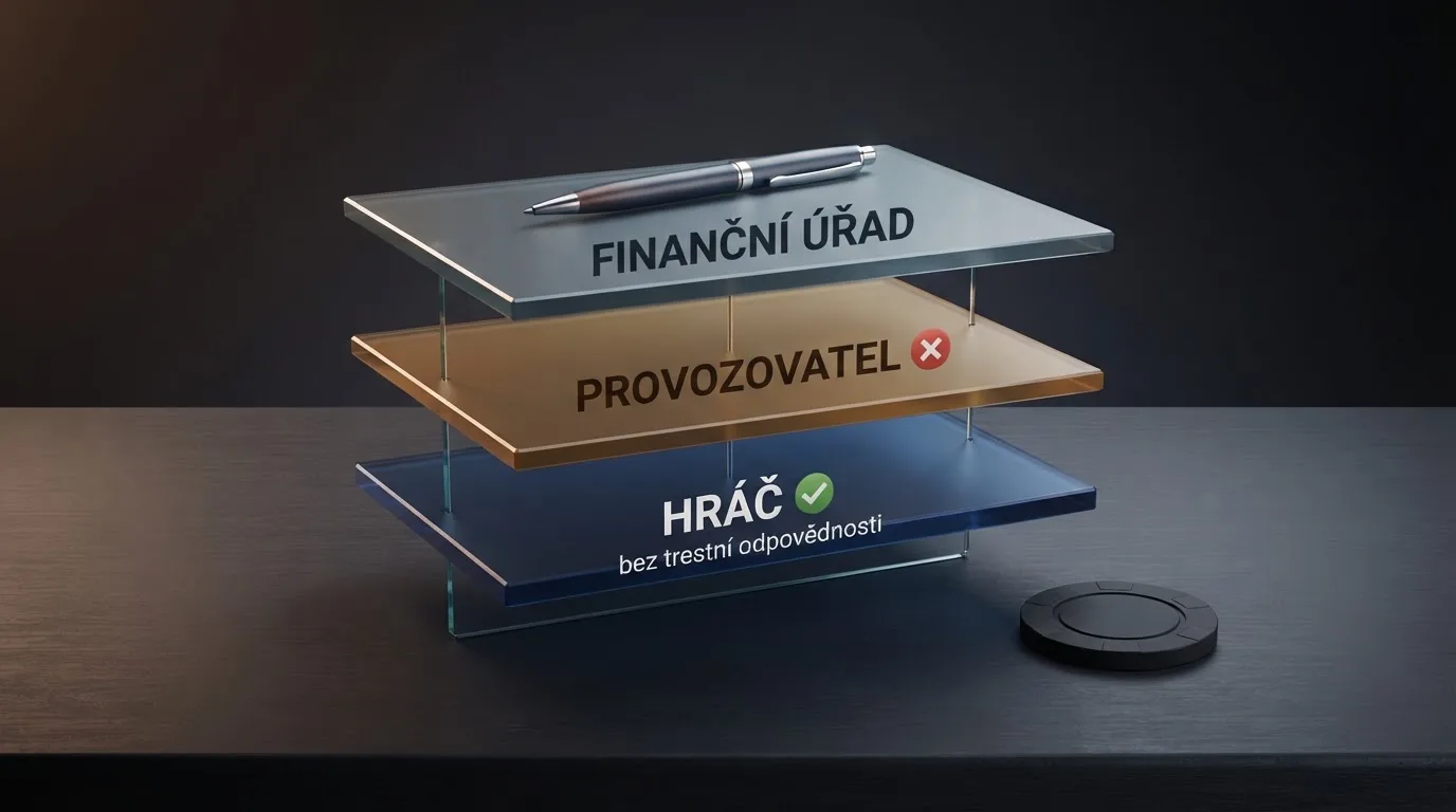 Ilustrace tří právních vrstev — hráč, operátor a daňový úřad — s odkazem na ZHH, MiCA a § 10 ZDP