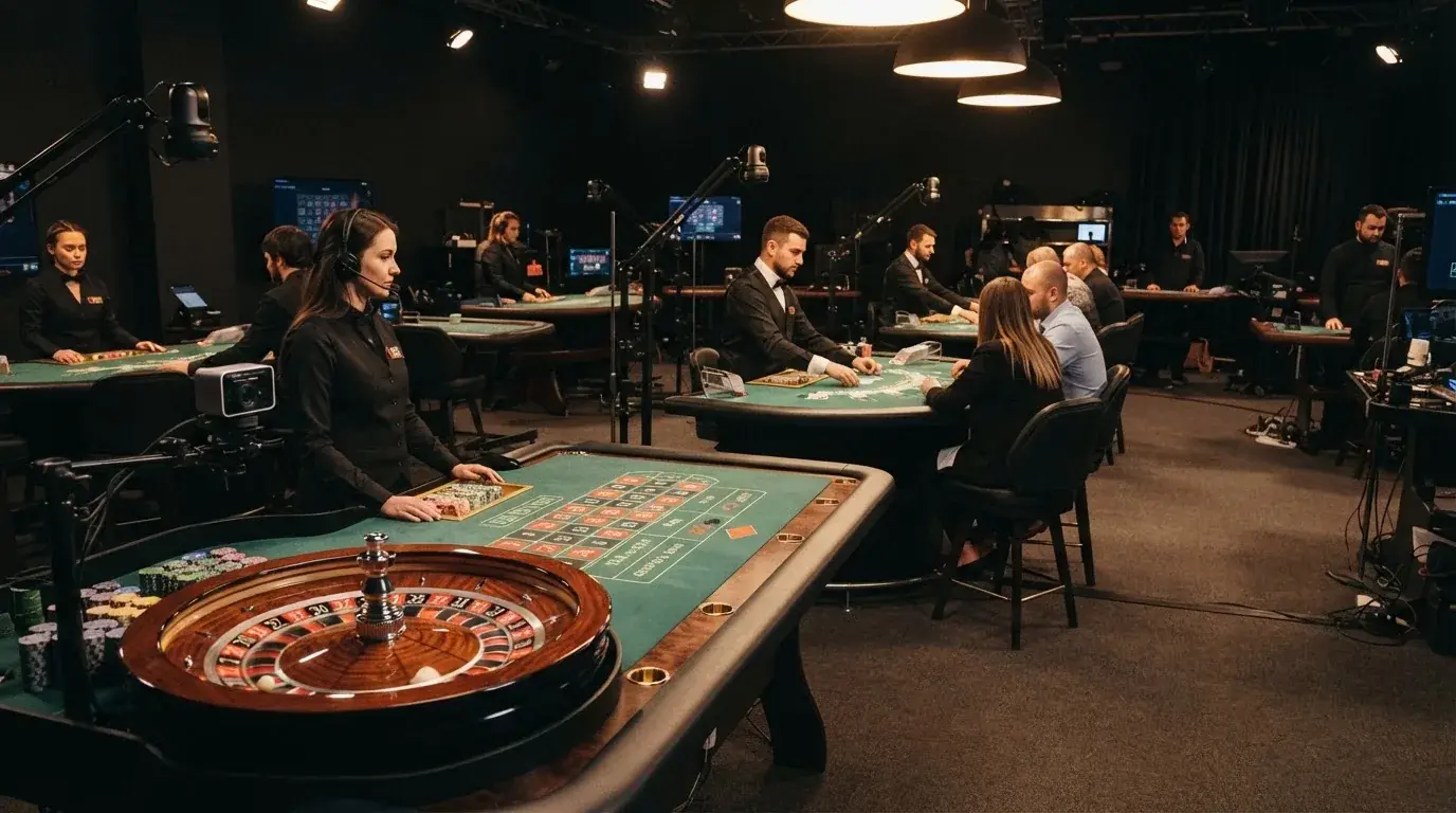 Rozložení živých stolů v kasinovém studiu — v popředí ruleta, vzadu blackjackový stůl s krupiérem.