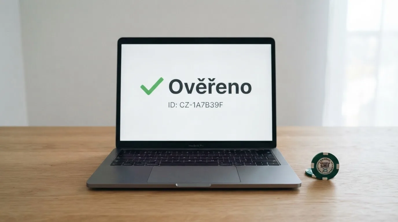 Úřední dokument s razítkem Ministerstva financí ČR a licenčním číslem vedle obrazovky s online casinem