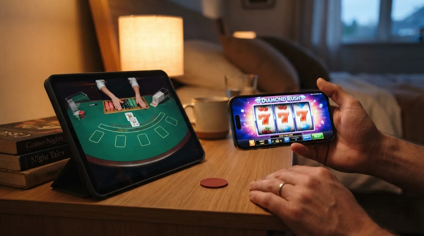 Mobilní telefon zobrazující automat v režimu na šířku, vedle něj tablet s live casino stolem
