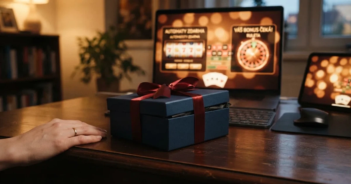 Dárková krabička s mašlí na pozadí online casina — obrazovka s virtuální rule tou a sloty