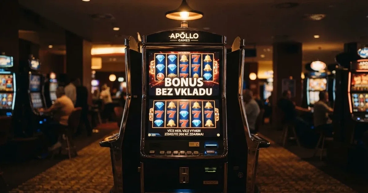 Herní automat s nápisem „bonus bez vkladu“ na obrazovce — ilustrační scéna českého online casina