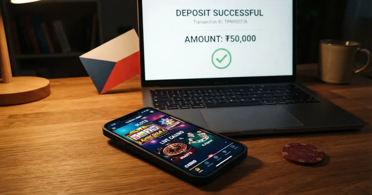 Chytrý telefon s otevřenou stránkou krypto kasina, na pozadí obrazovka s USDT transakcí a českou vlajkou