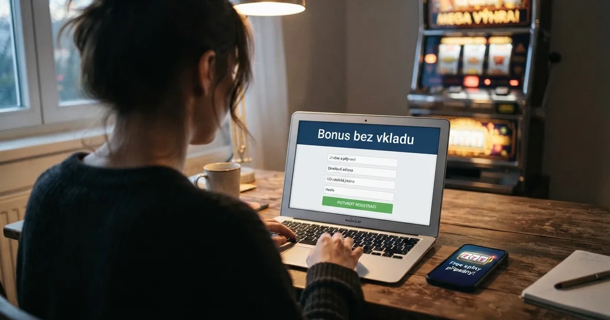 Registrační formulář online kasina na obrazovce notebooku, vedle něj mobil s notifikací o připsaných free spinech, v pozadí decentní herní rozhraní automatu