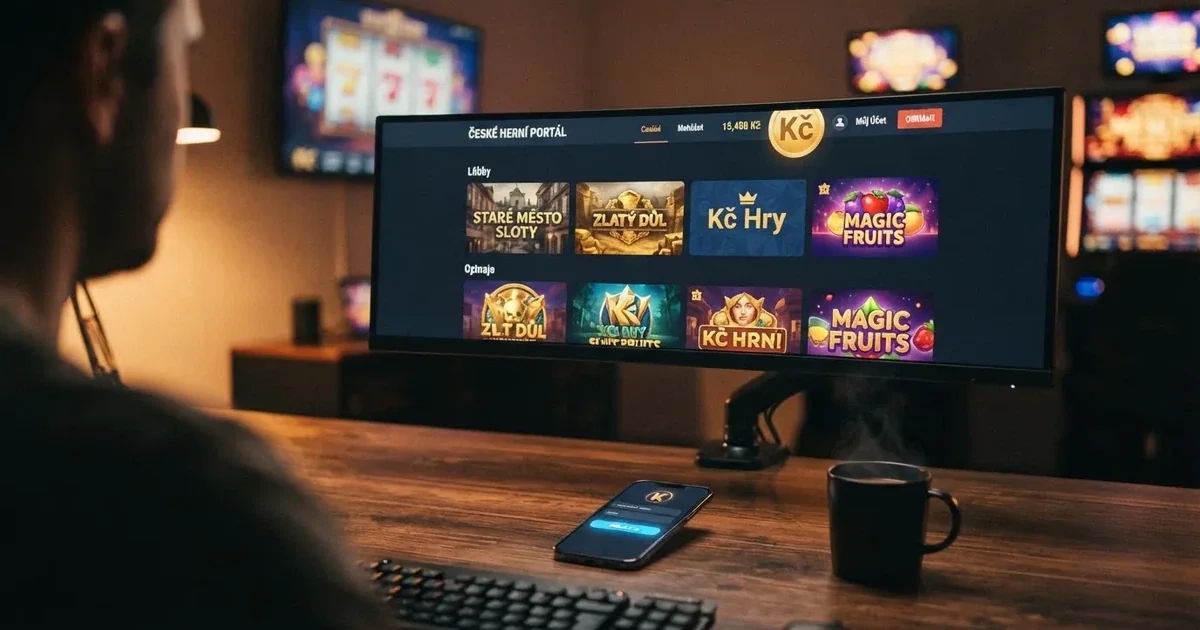 Rozhraní licencovaného českého online kasina na monitoru, vedle něj mobil s přihlašovací stránkou, v pozadí symboly výherních automatů.