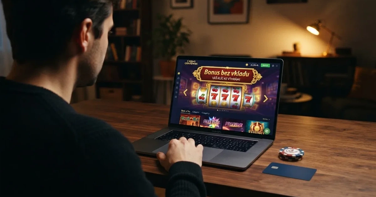 Český hráč u notebooku si prohlíží nabídku zahraničního online casina, na stole občanský průkaz a platební karta