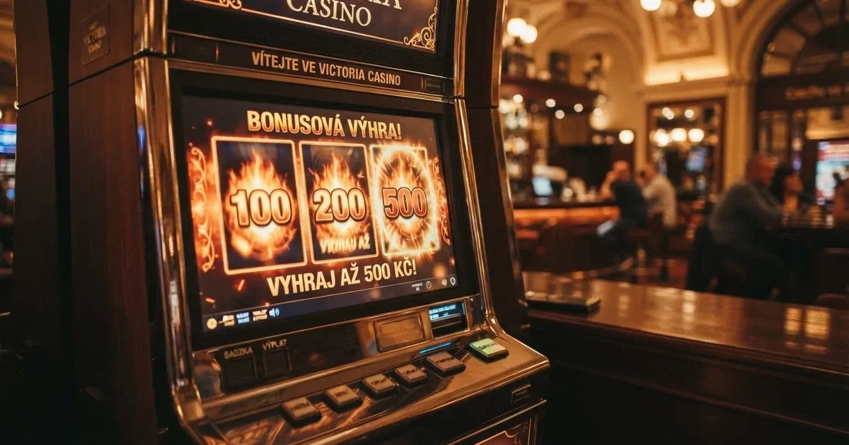 Herní automat s nápisem „VÍTEJTE“ a bonusovou grafikou 100 %, 200 % a 500 %, na pozadí české online casino lobby
