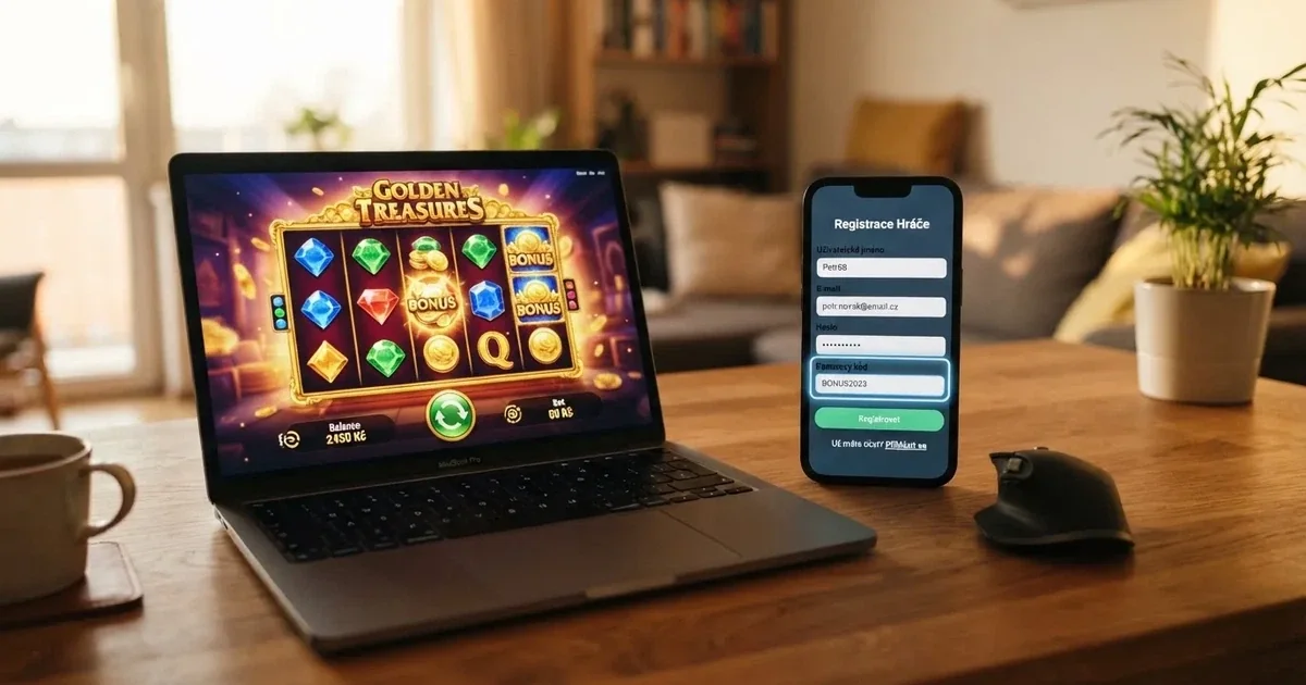 Rozhraní online casina s českou licencí na obrazovce notebooku, vedle mobilního telefonu s otevřenou registrační stránkou a zvýrazněným polem pro bonusový kód
