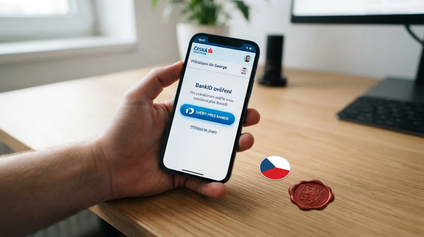 Mobilní telefon s přihlašovací obrazovkou internetového bankovnictví a tlačítkem BankID, vedle symbol české vlajky a razítko MF ČR