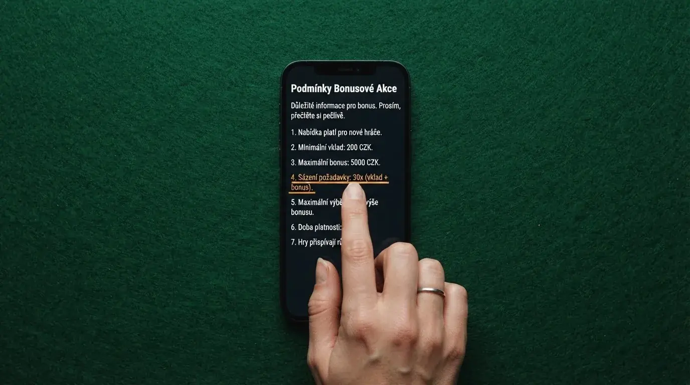 Detail mobilního telefonu s otevřenou stránkou podmínek bonusu bez vkladu — zvýrazněné řádky o protočení a maximálním výběru