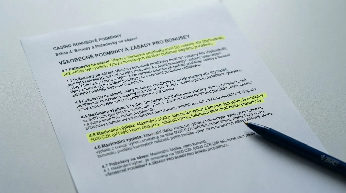 Zvětšený výřez podmínek bonusu — zvýrazněné řádky o protočení a maximálním výběru