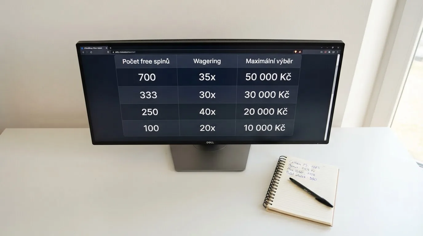 Srovnávací tabulka na monitoru ukazující sloupce s počty free spinů, podmínkami wageringu a maximálním výběrem — vedle leží poznámkový blok s výpočty