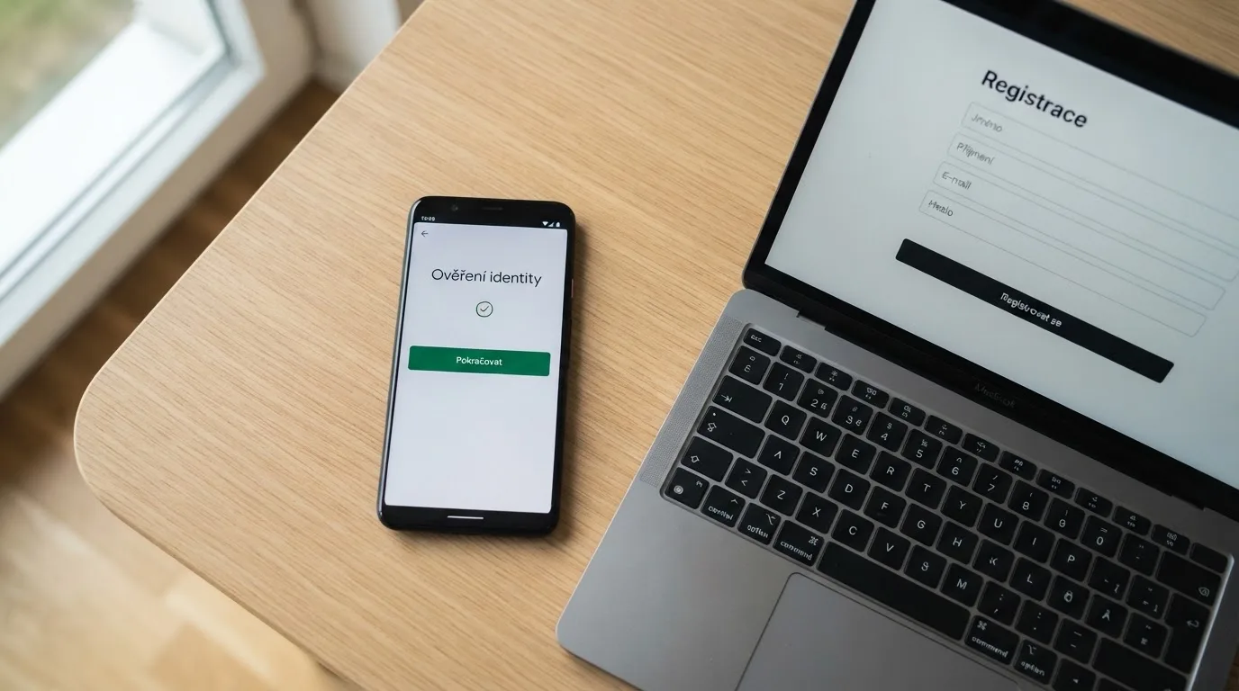 Mobilní telefon zobrazující přihlašovací obrazovku Bank iD s logem české banky vedle registračního formuláře online casina