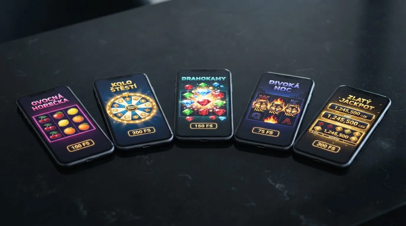 Deset mobilních telefonů seřazených vedle sebe, na každém jiné online casino s číslem free spinů a logem operátora