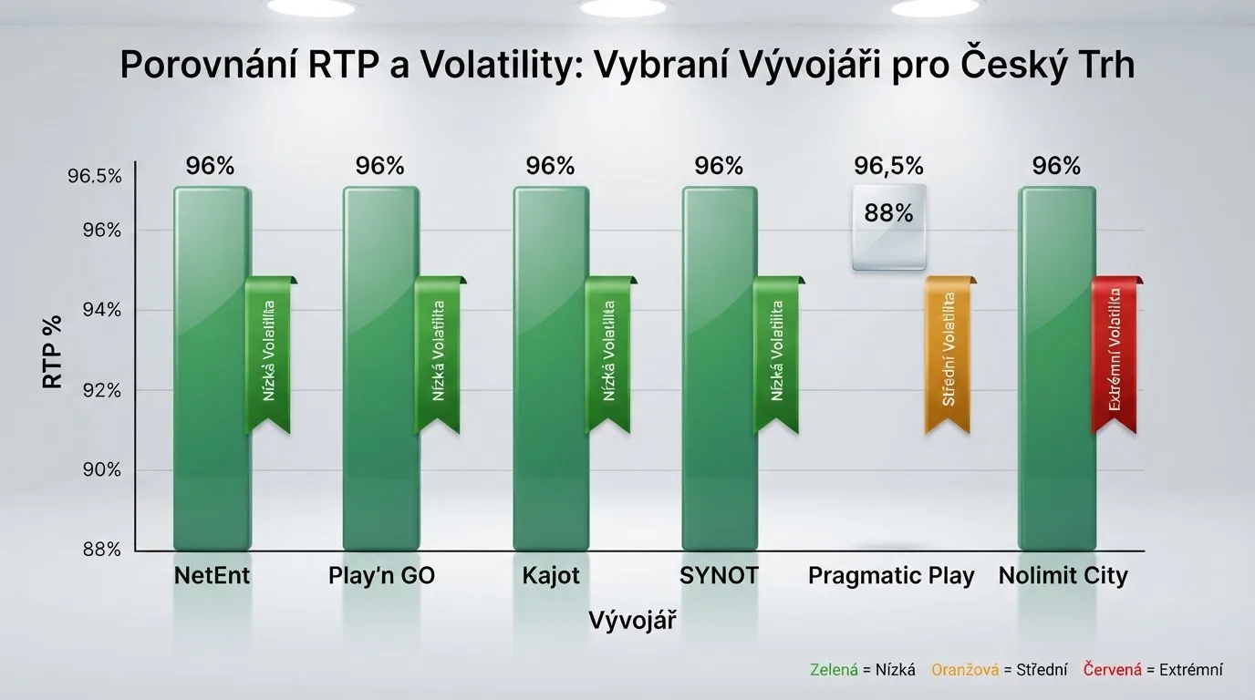 Infografika srovnávající průměrné RTP a úroveň volatility u hlavních vývojářů působících v ČR