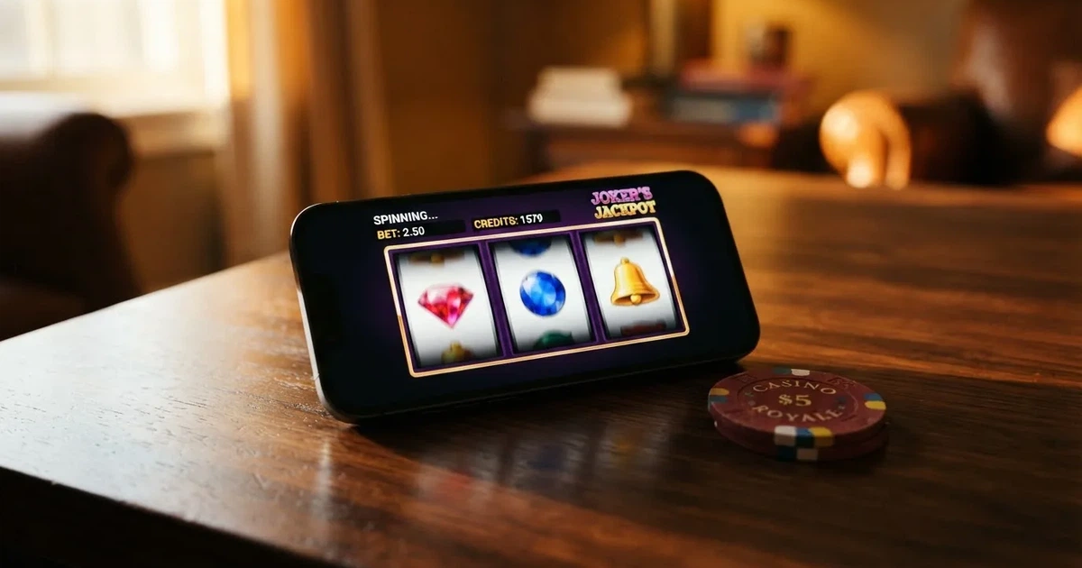 Mobilní telefon s otevřenou českou casino aplikací, na displeji probíhá výherní automat, v pozadí logo MF ČR