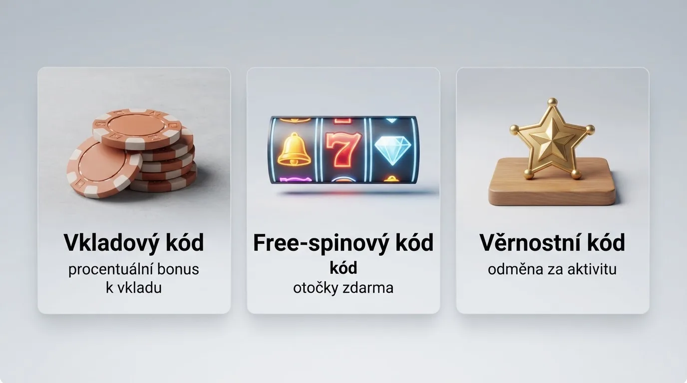 Přehledná tabulka typů promo kódů rozdělená podle formy bonusu — vkladové, free-spinové a věrnostní