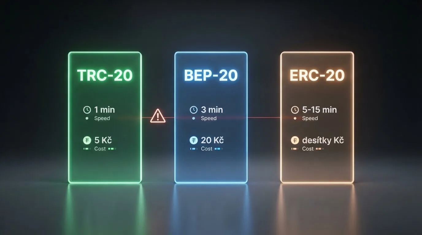 Diagram tří hlavních USDT sítí s vyznačeným poplatkem, rychlostí a varováním před záměnou