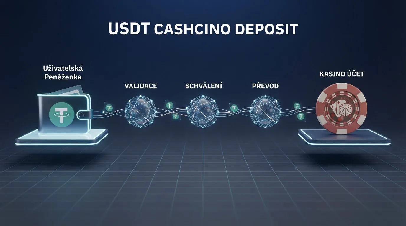 Infografika znázorňující cestu USDT vkladu od krypto peněženky hráče přes síť až na kasino účet