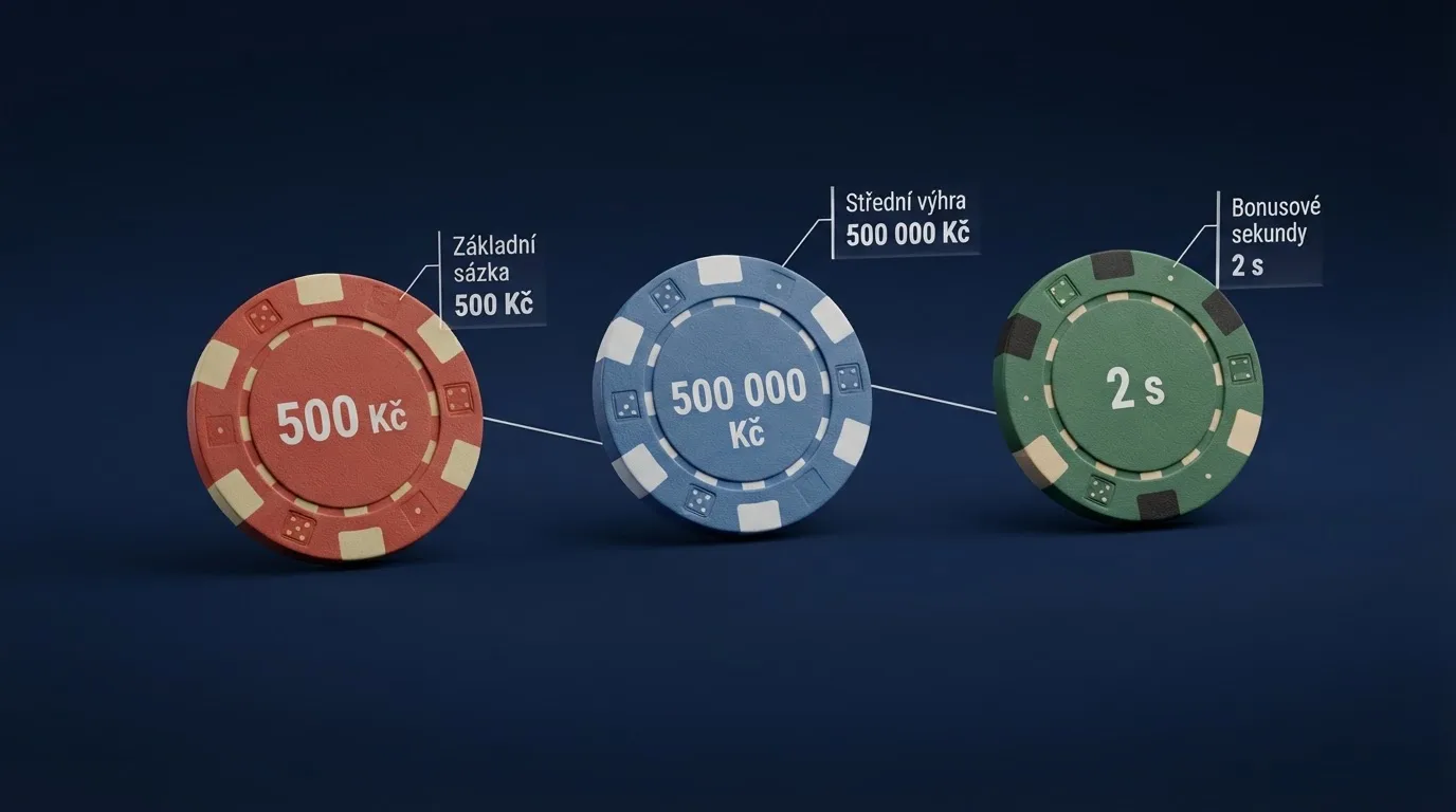 Infografika znázorňující klíčové zákonné limity — maximální sázka 500 Kč, maximální výhra 500 000 Kč, minimálně 2 sekundy na zatočení